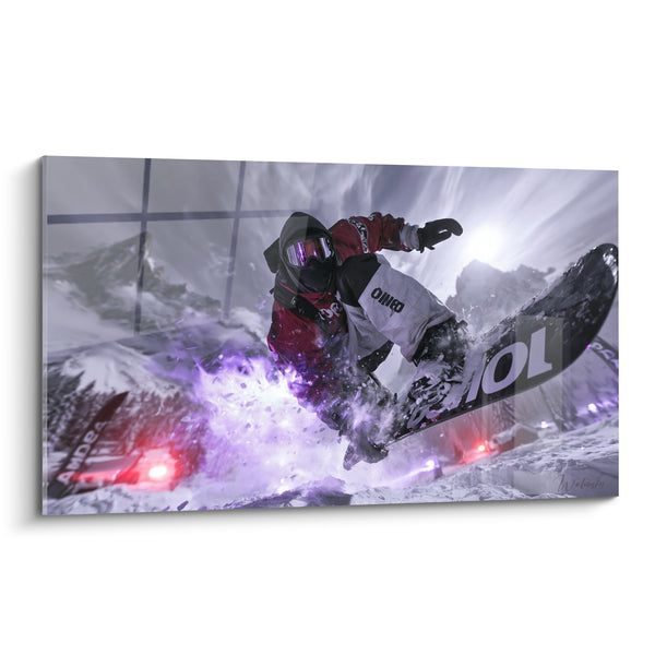 Tableau Snowboardeur bordeaux et blanc en virage - Explosion de poudreuse - Edition Snowboard