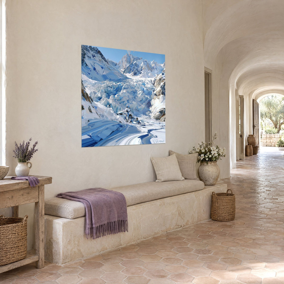 Quadro discesa vertiginosa su un caos di ghiaccio turchese e bianco, cime rocciose ocra, visuale di tre quarti in un corridoio a volta