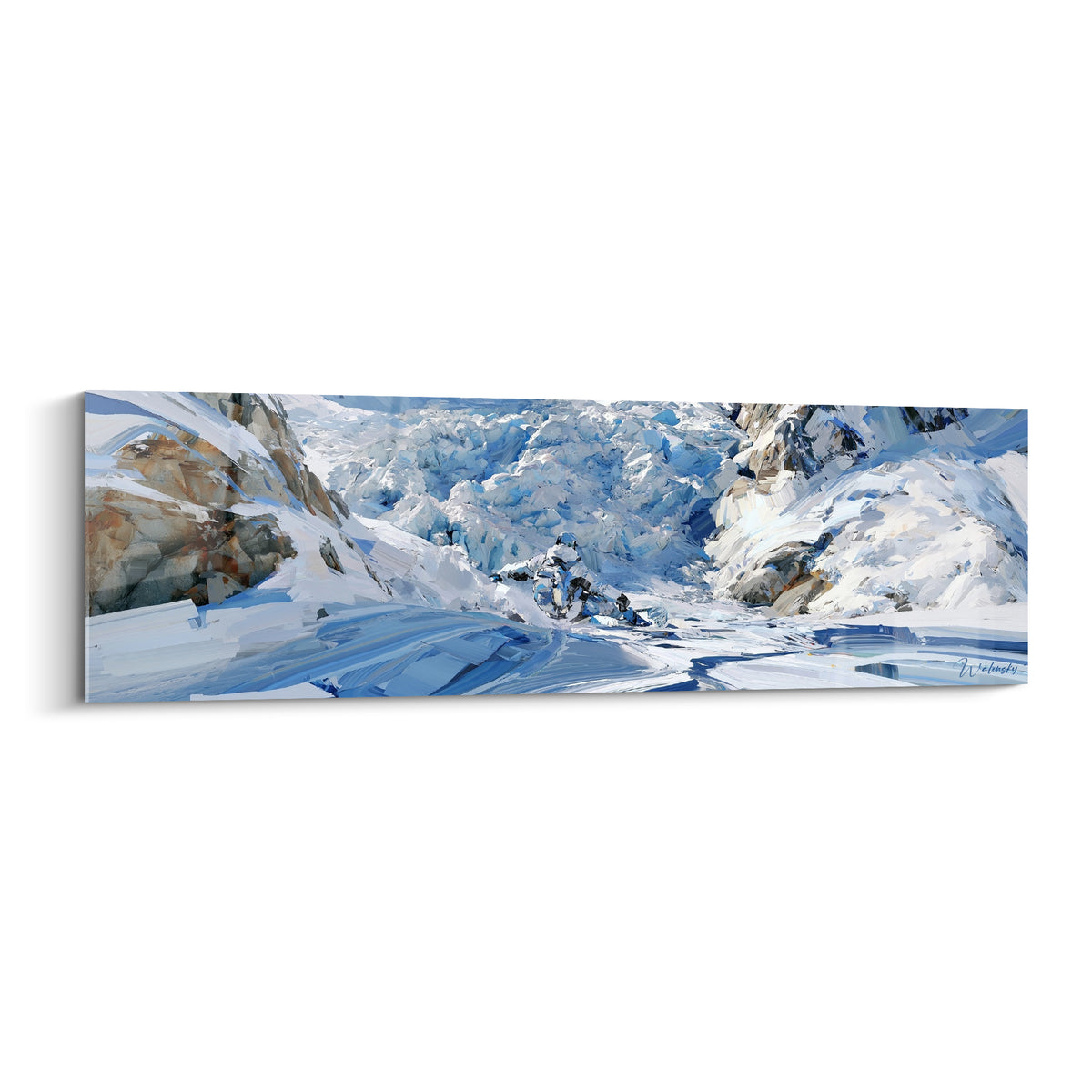 Glacier bleu marine et blanc entre parois rocheuses ocre, peinture au couteau intense