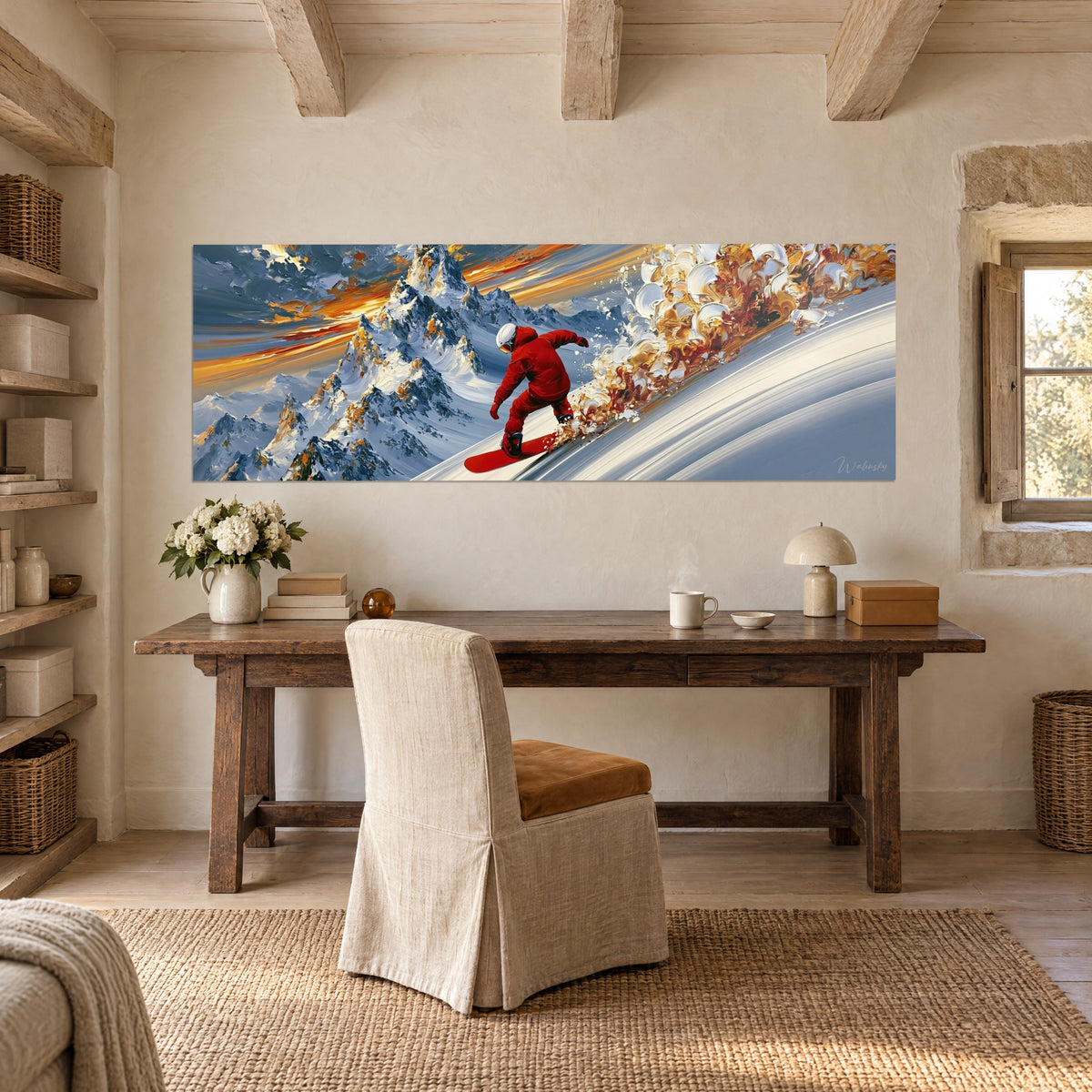 Schilderij van een karmijnrode snowboarder in volle vaart, een stuif van goudkleurige en witte sneeuw, staalblauwe toppen, boven een houten bureau