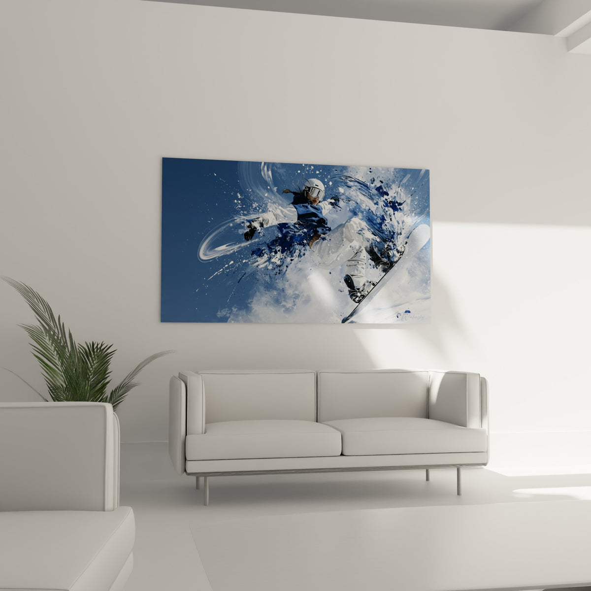 Silhouette sportive en bleu marine glissant dans une explosion de blanc, au-dessus d'un canapé dans un salon lumineux
