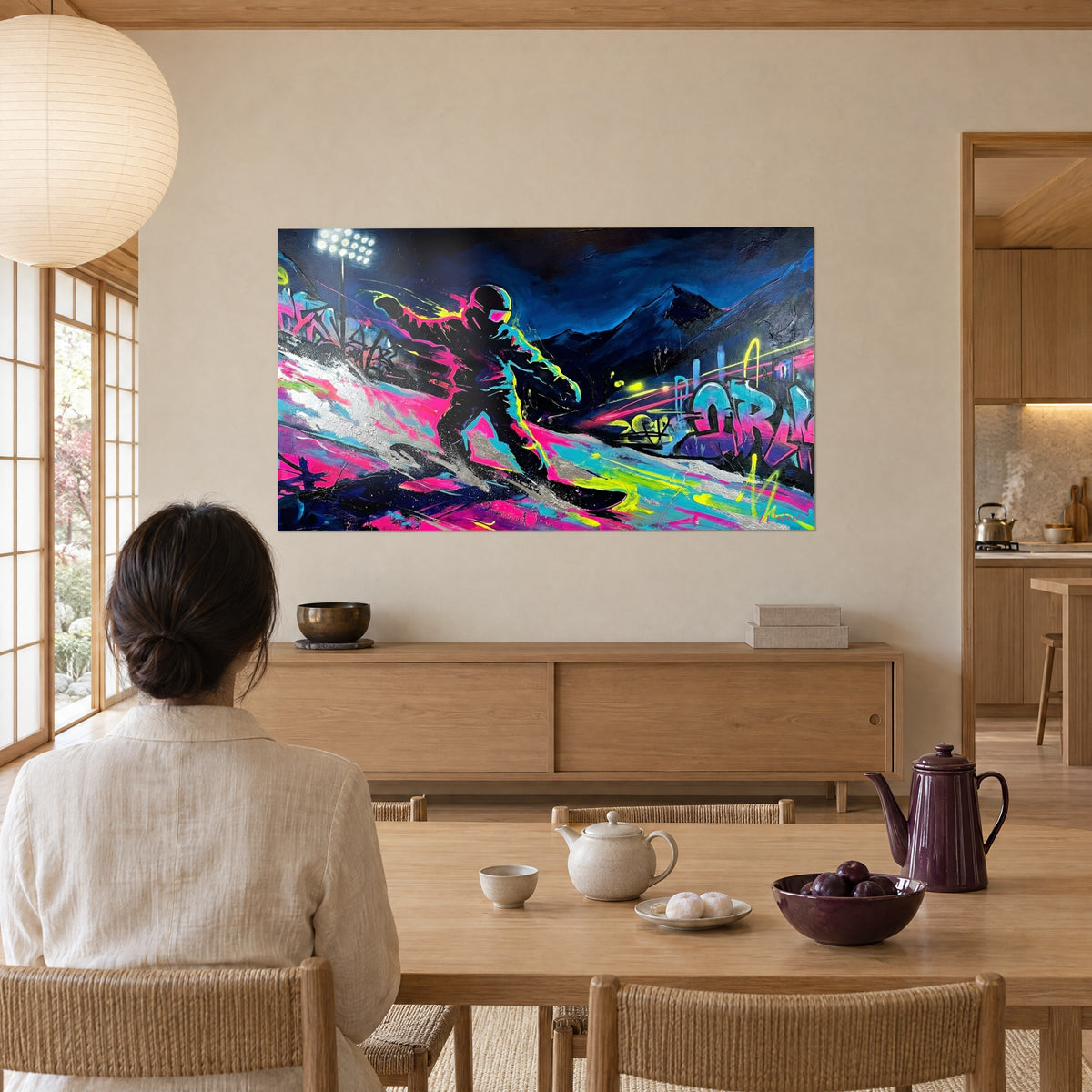 Gemälde Schneeakrobat als schwarze Silhouette, weißer Scheinwerfer, magentafarbene und türkisfarbene Spritzer, gegenüber einer Frau am Tisch in einem Japandi-Haus
