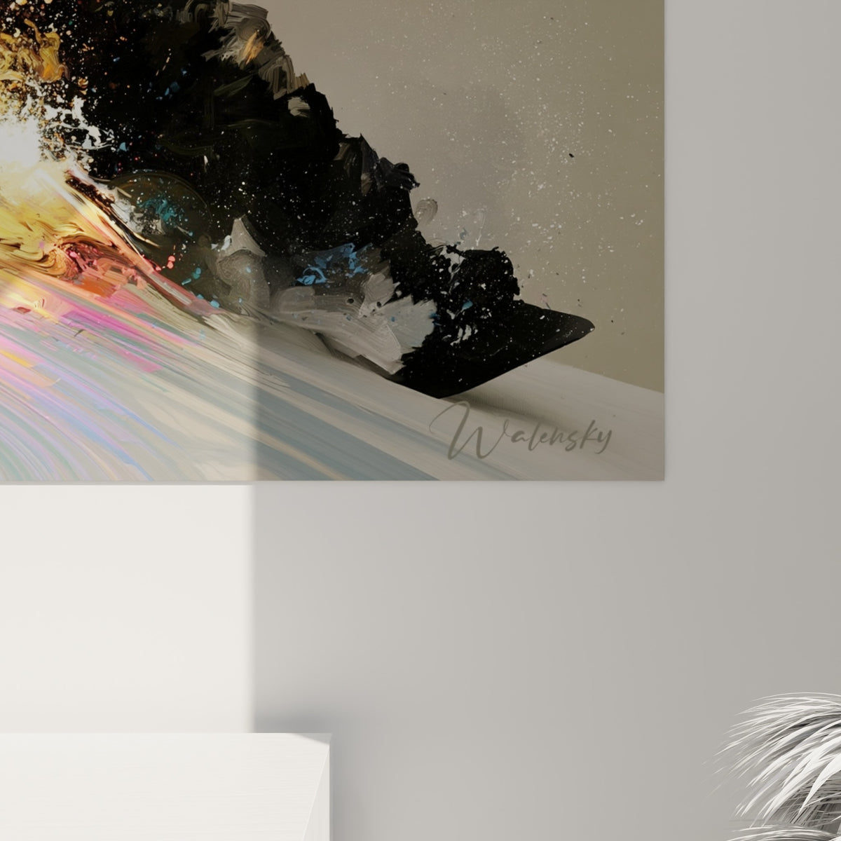 Matière picturale visible sur les particules dorées et roses qui se dissolvent autour du casque noir