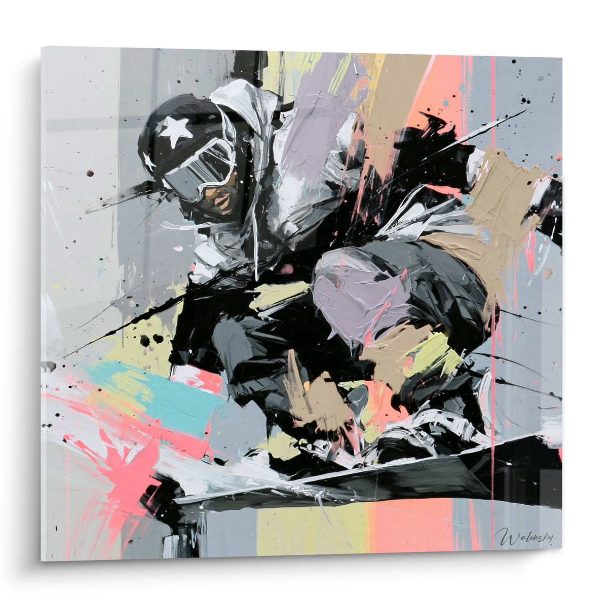 Snowboardeur casqué en action, tons gris anthracite et corail, peinture gestuelle au couteau