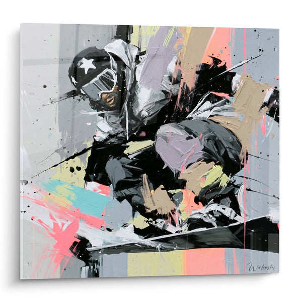 Tableau Snowboardeur casqué gris et corail en action - Saut vertigineux - Edition Snowboard