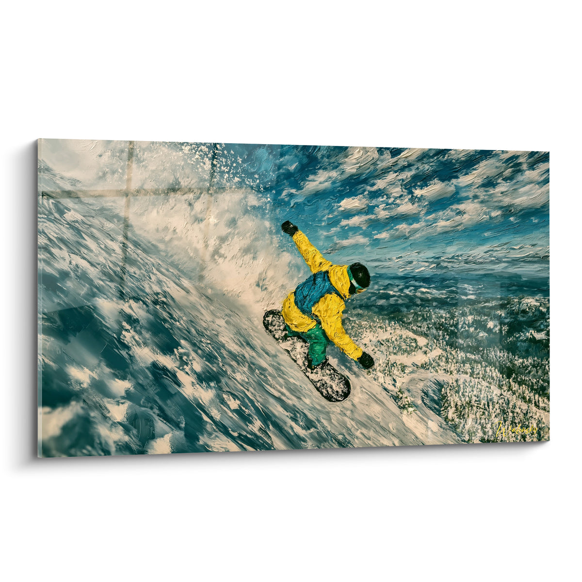 Snowboardeur en combinaison jaune et bleu turquoise dévalant une pente neige et ciel anthracite
