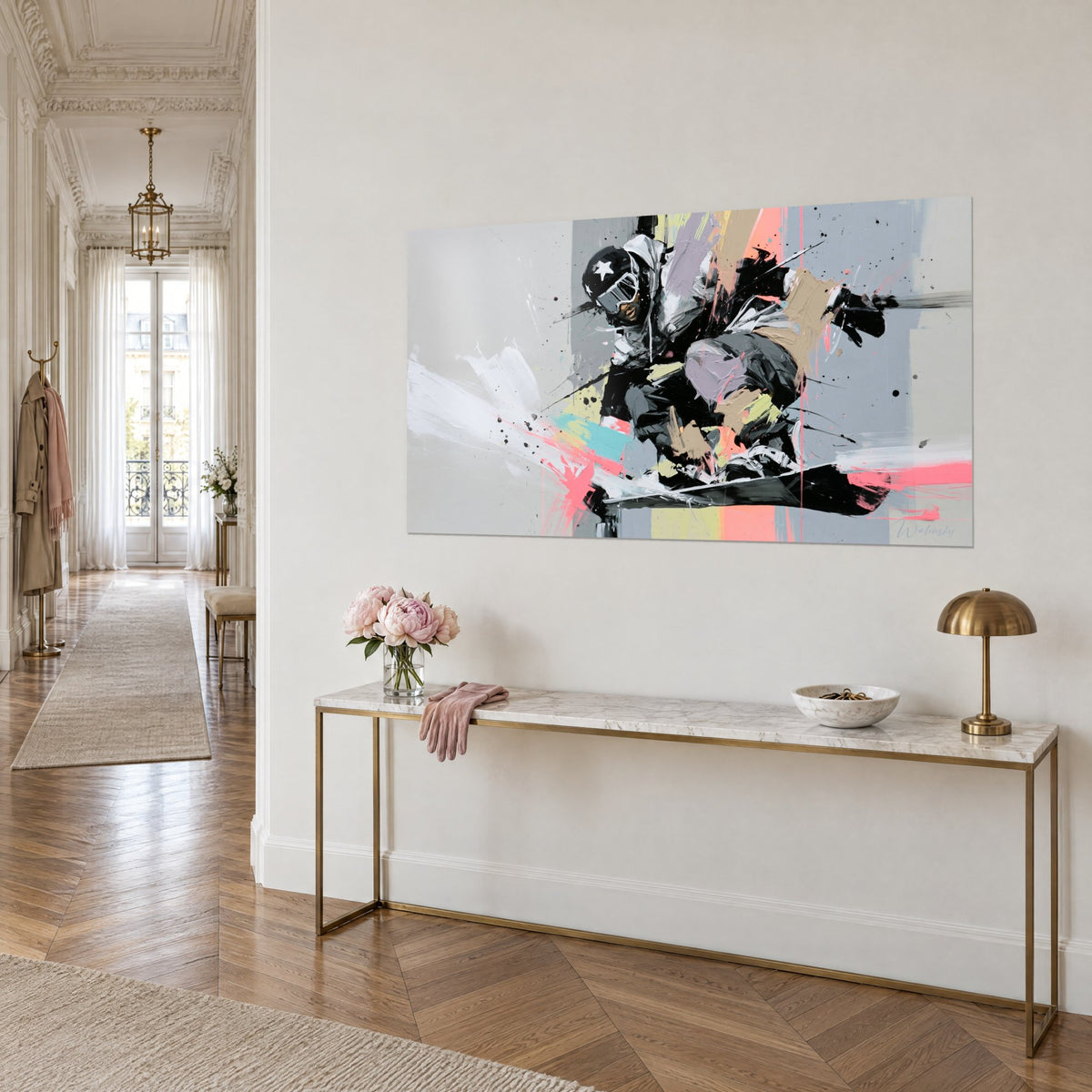 Tableau rider accroupi sur sa planche, veste grise et traits noirs, touches turquoise et corail, sur un mur haussmannien