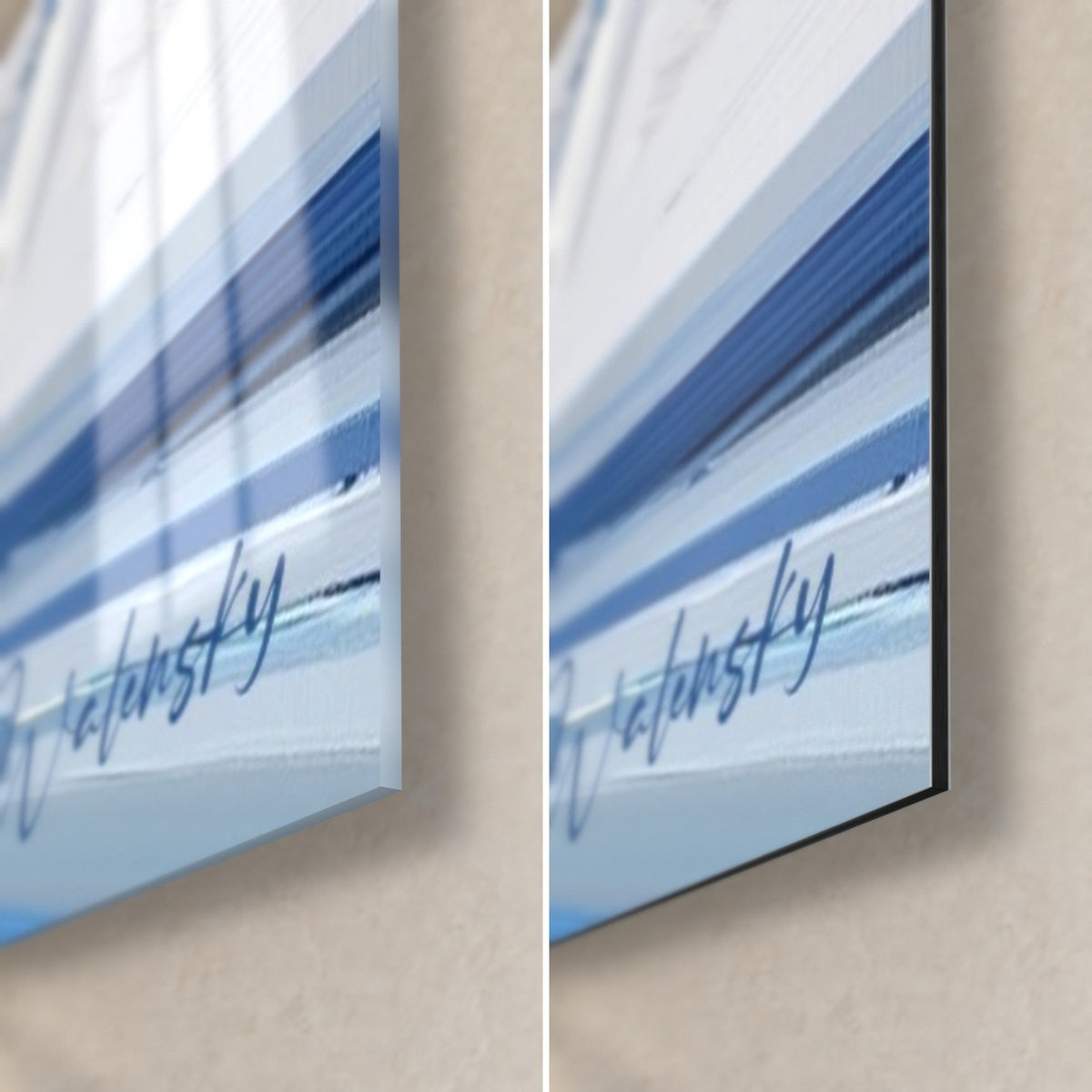Tableau rideur sur glacier, coin bas droit : verre acrylique brillant à reflets bleu et blanc, Dibond noir mat, tranche de 3 mm