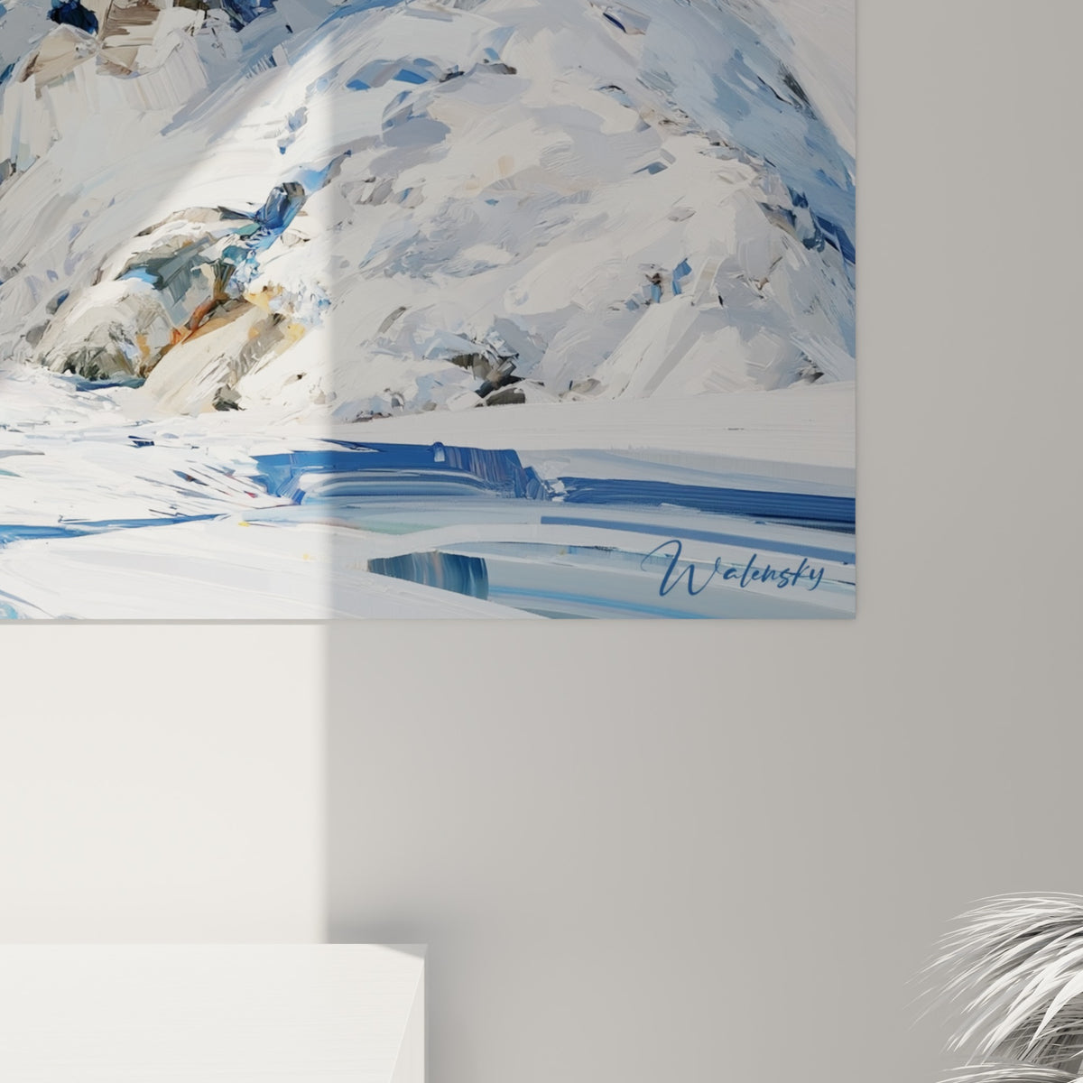Empâtements bleu marine et blanc cassé révélant la matière épaisse du glacier peint
