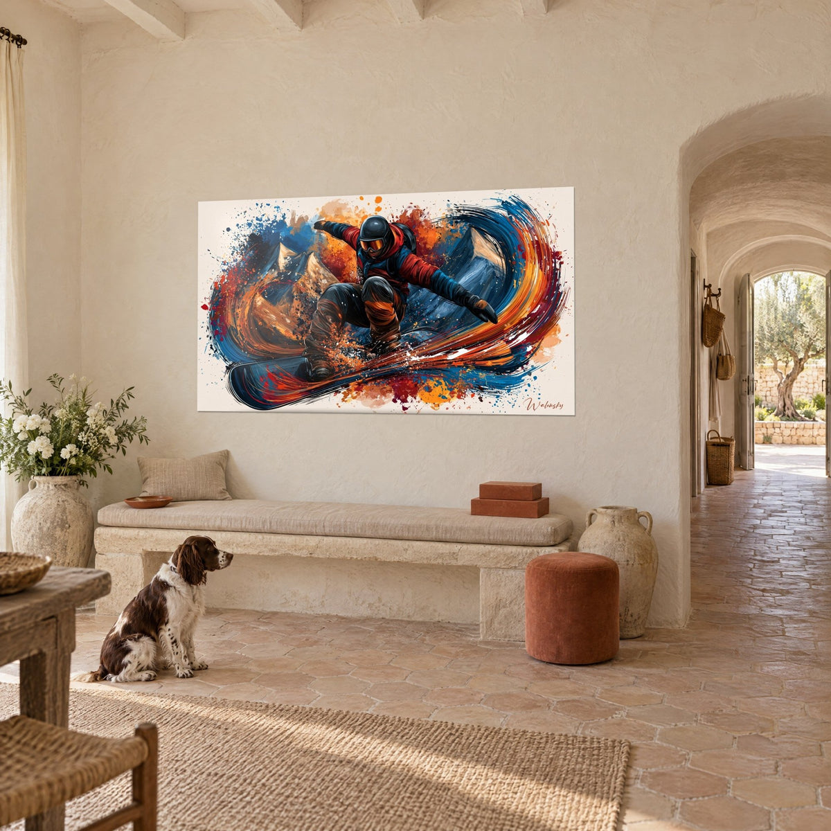 Tableau rider accroupi sur sa planche, sommets dorés et éclaboussures bleues, au mur d'un salon provençal avec un spaniel