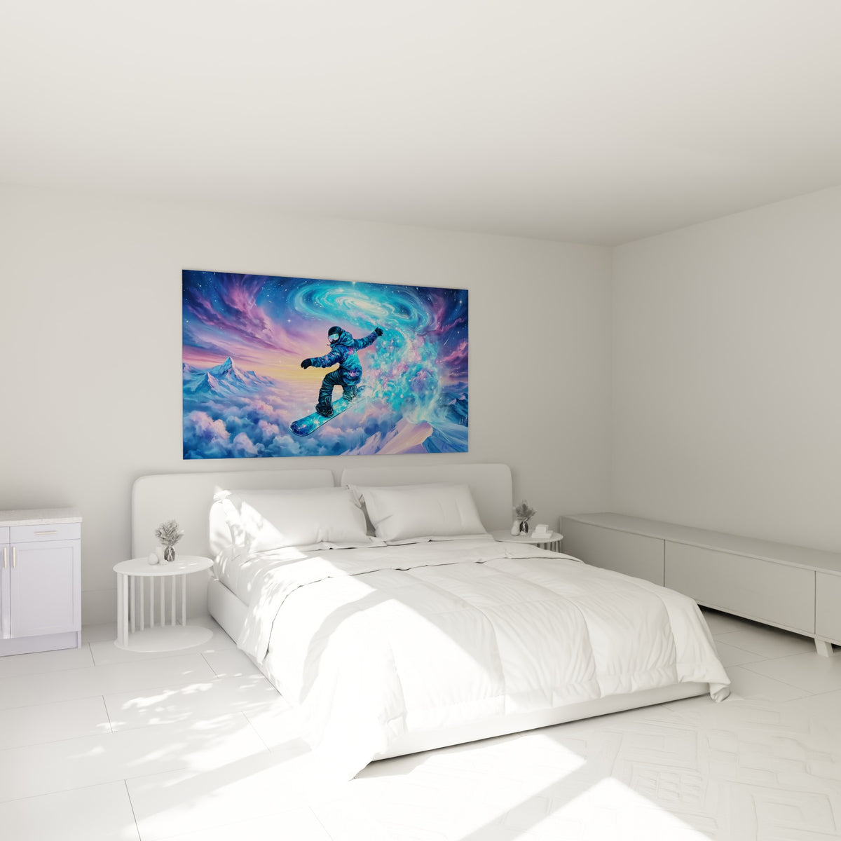 Rider suspendu entre montagne blanche et tourbillon bleu cosmique, au-dessus d'un lit dans une chambre claire