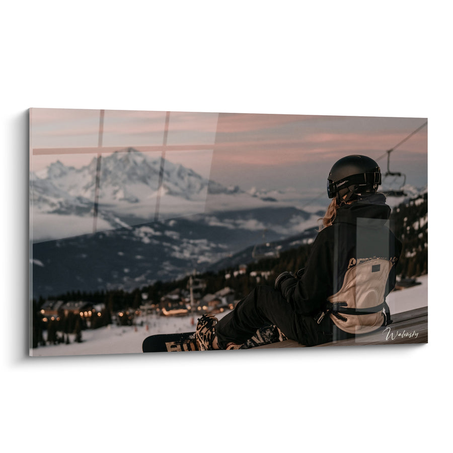 Tableau Snowboardeuse noire et rose sur sommet enneigé - Répit d'altitude - Edition Snowboard