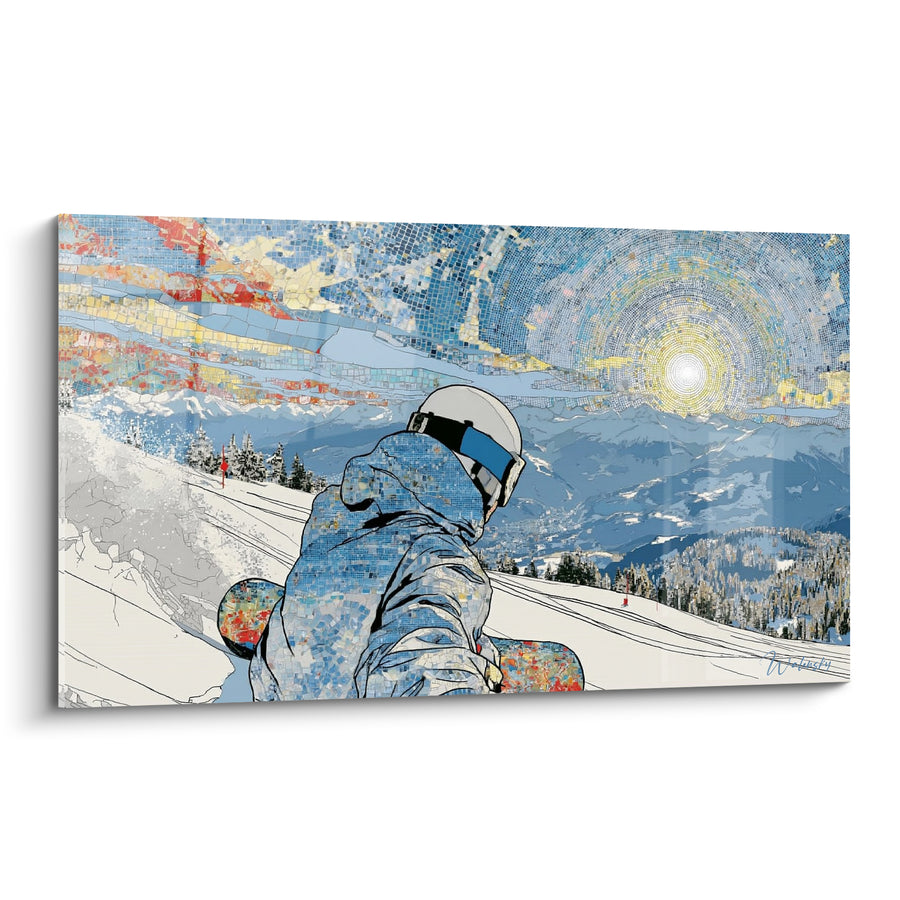 Tableau Snowboardeur casqué dévalant la pente enneigée - Élan vers le vide - Edition Snowboard