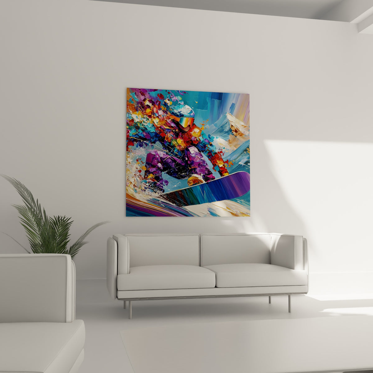 Sportif casqué aux teintes orange et bleu marine, suspendu au-dessus d'un canapé dans un salon lumineux