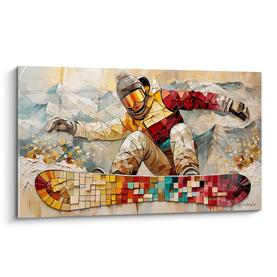 Tableau Snowboardeur rouge et doré en mosaïque - Planche multicolore en carreaux - Edition Snowboard