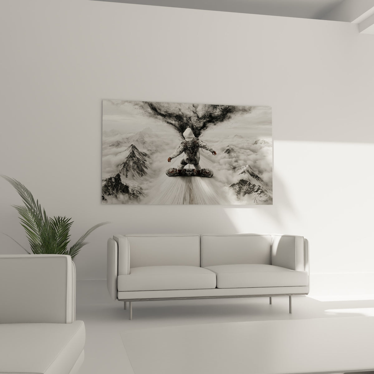 Silhouette encapuchonnée blanche et grise dominant une mer de nuages, au-dessus d'un canapé dans un salon lumineux