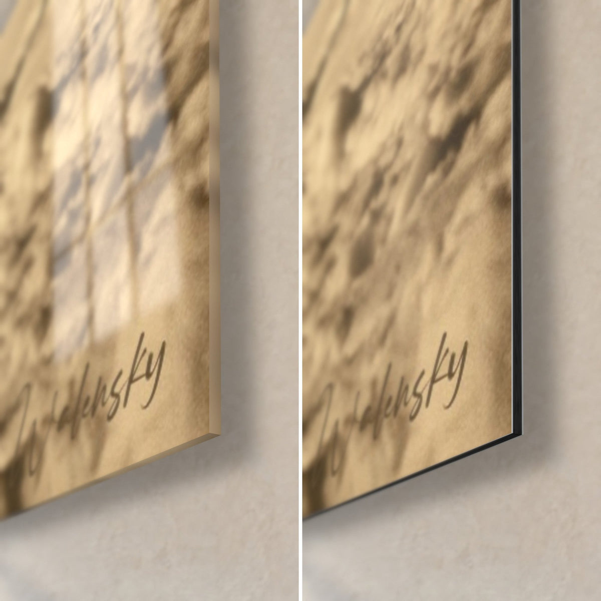 Wall art of a powder glider, bottom right corner: glossy acrylic glass on the left, matte black Dibond on the right, Walensky signature on a gold background