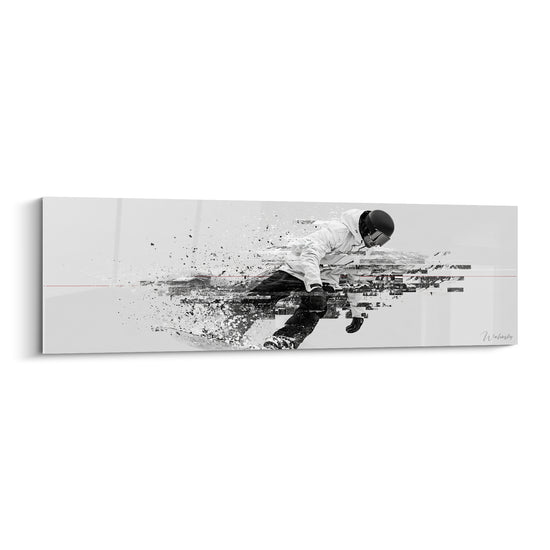 Tableau Snowboardeur blanc et noir en pixels dispersés - Ligne rouge horizontale - Edition Snowboard