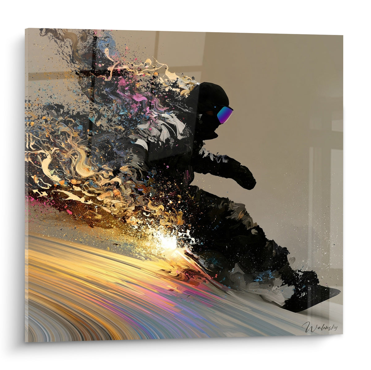 Snowboardeur noir en pleine descente, traînées dorées et roses, style peinture gestuelle éclatante