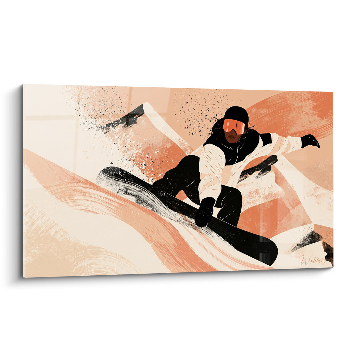 Snowboardeur en combinaison noire et blanche dévalant une pente terracotta et crème stylisée