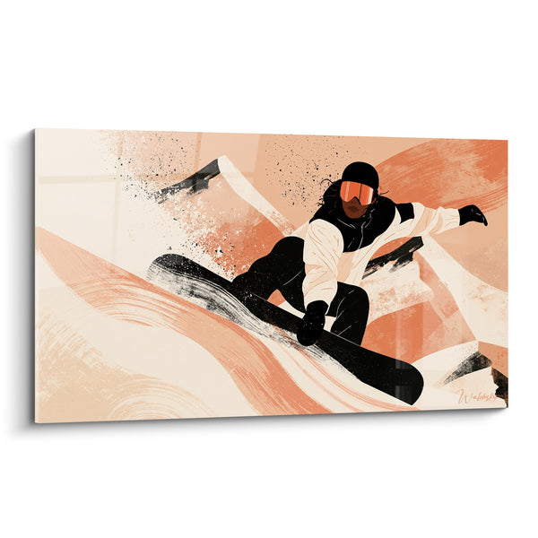 Tableau Snowboardeuse noire et pêche cheveux ébouriffés - Visière orangée miroitante - Edition Snowboard