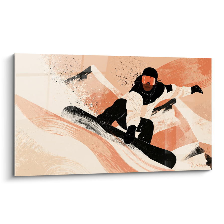 Tableau Snowboardeuse noire et pêche cheveux ébouriffés - Visière orangée miroitante - Edition Snowboard