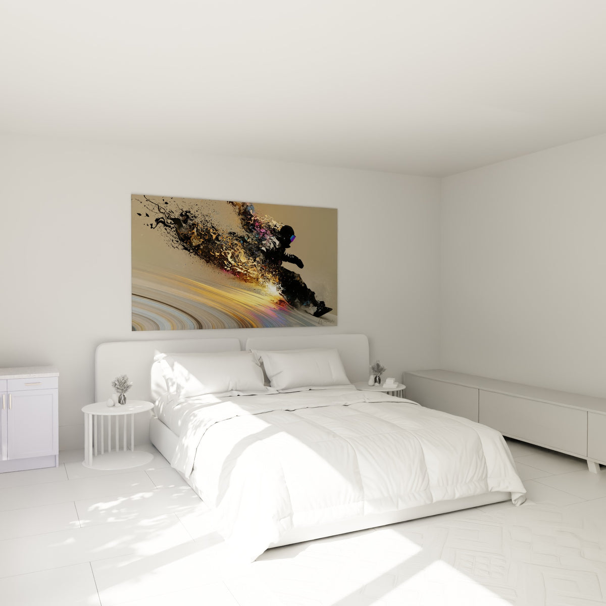 Rideur casqué en action, silhouette anthracite et éclats dorés, au-dessus d'un lit dans une chambre claire