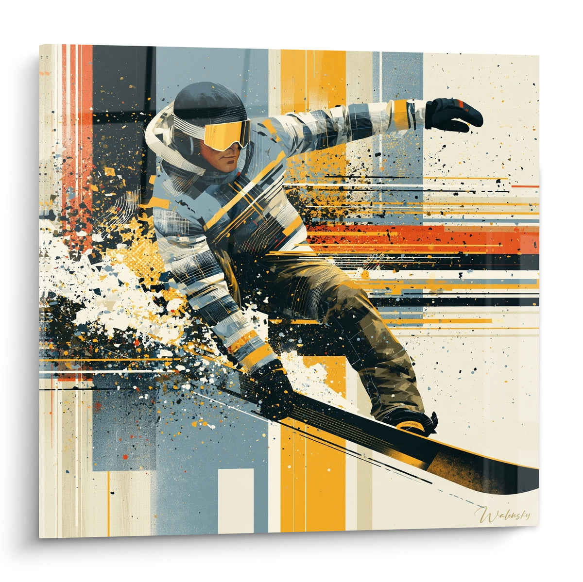 Tableau snowboardeur en action, tenue bleu ardoise et jaune ocre, corps incliné dans une explosion de particules