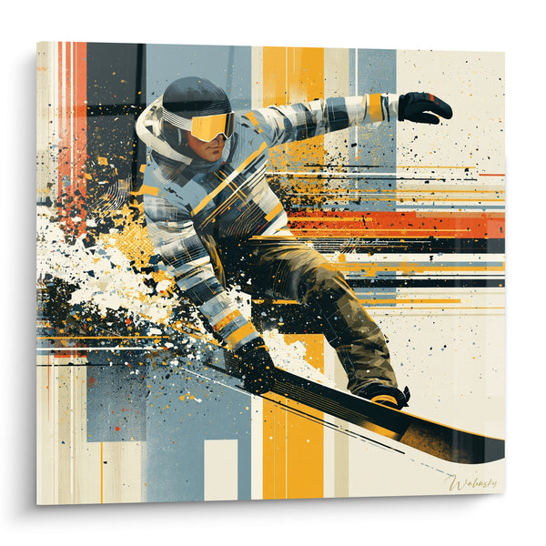 Tableau Snowboardeur ocre et bleu en pleine vitesse - Vitesse fulgurante - Edition Snowboard