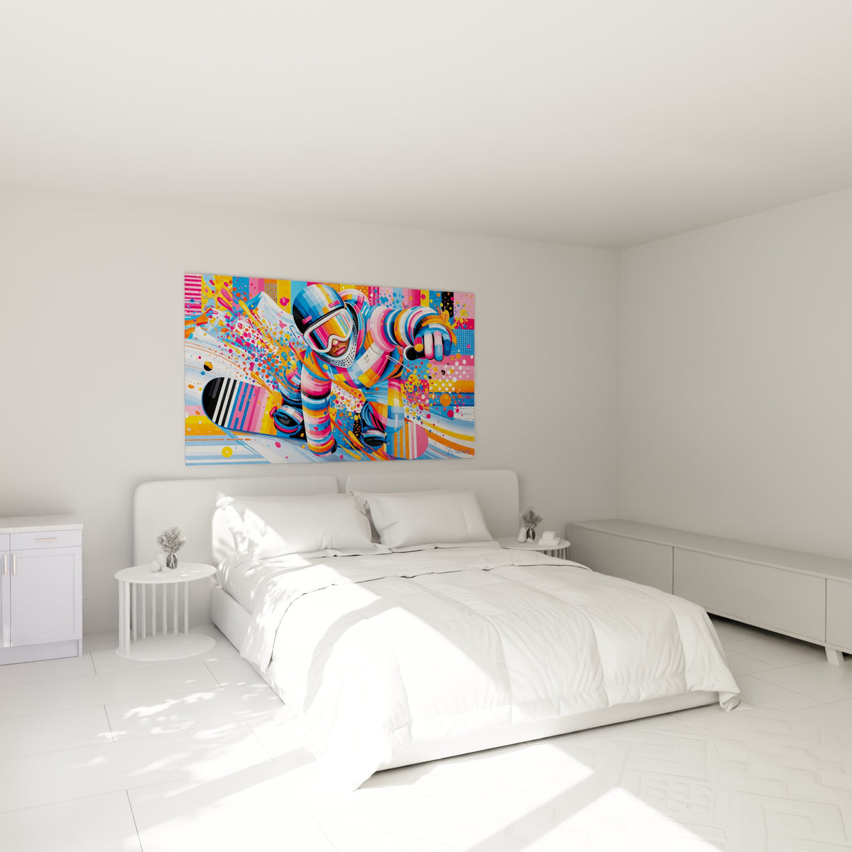 Rider casqué aux teintes orange et fuchsia dévalant la pente, au-dessus d'un lit dans une chambre claire