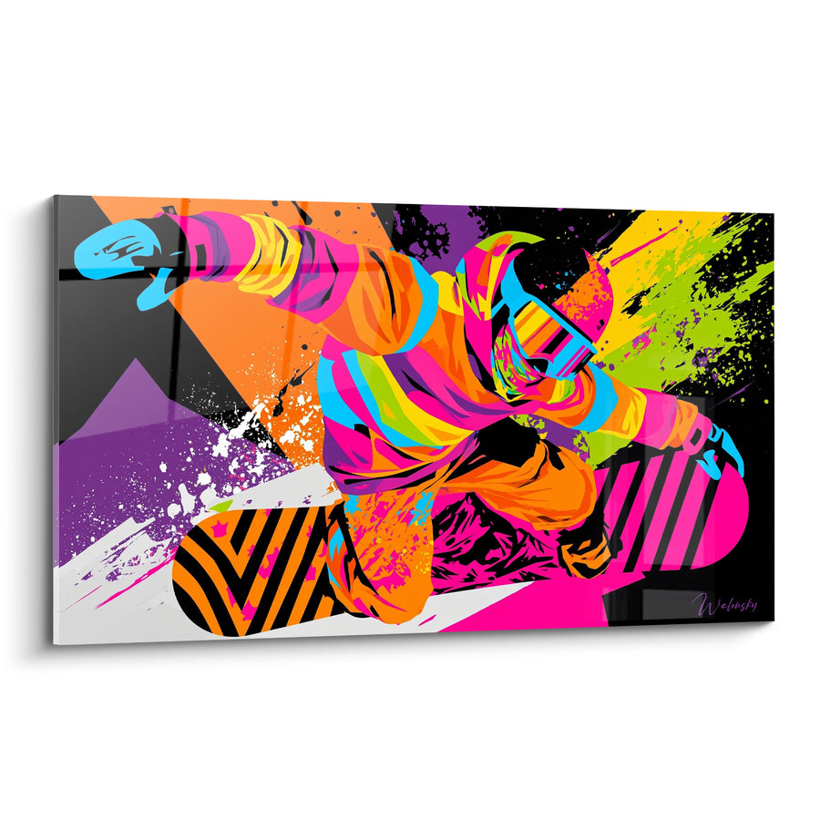 Tableau Snowboardeur orange et rose en action - Adrénaline suspendue - Edition Snowboard