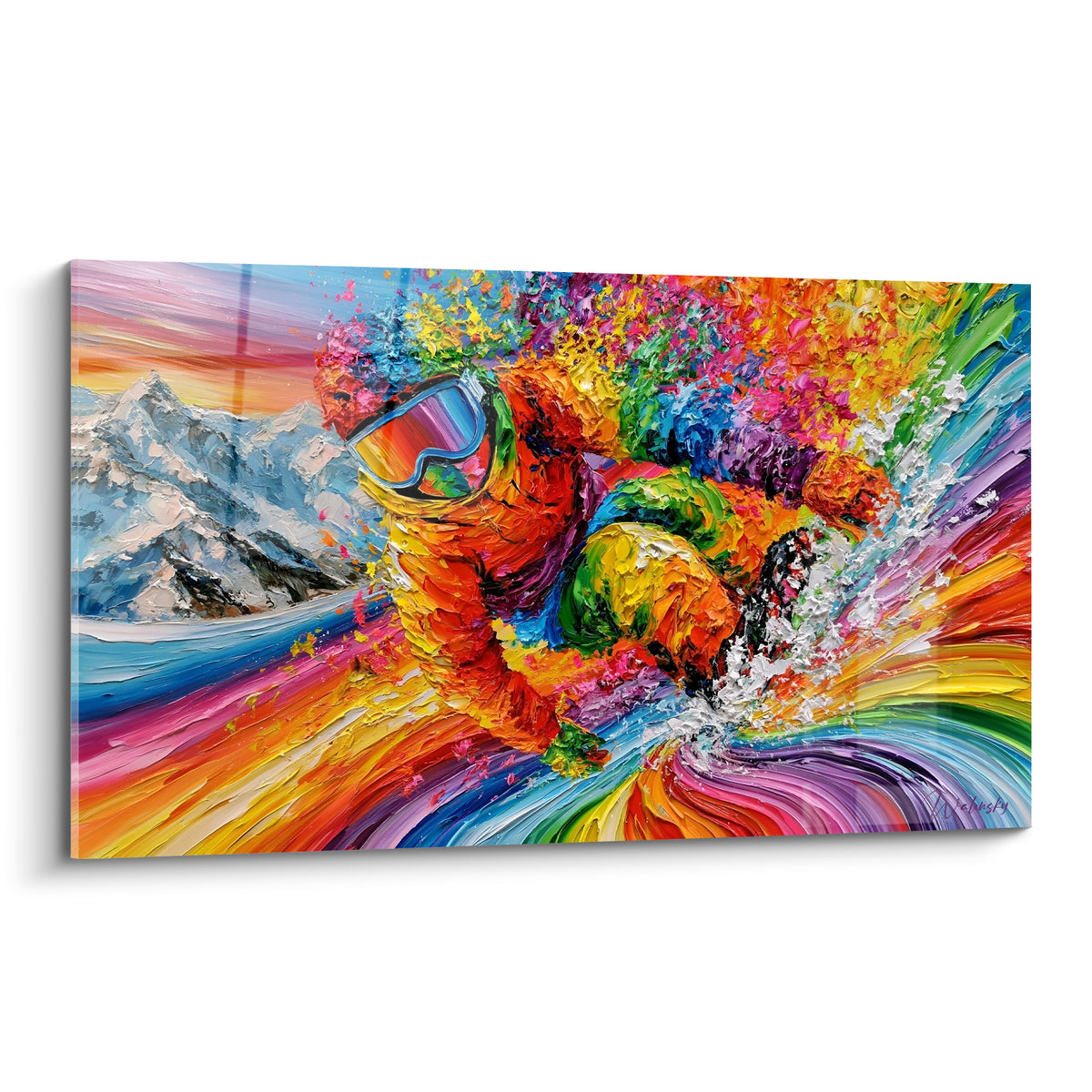 Tableau snowboardeur orange et turquoise dévalant une pente dans une explosion de peinture colorée