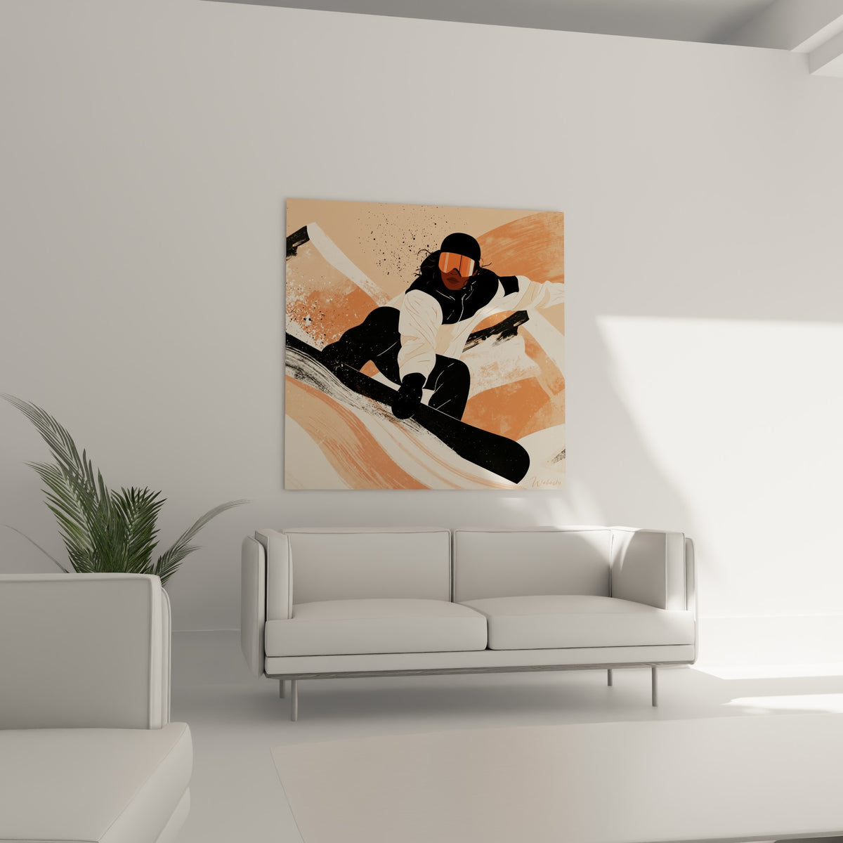 Masque orange vif et geste sportif d'une snowboardeuse, fond terracotta, au-dessus d'un canapé dans un salon lumineux