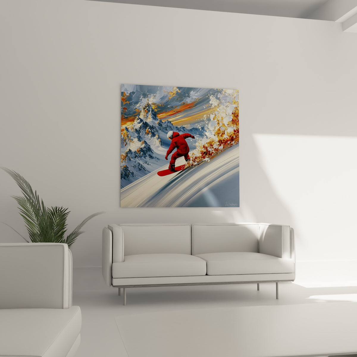 Descente fulgurante en rouge et doré sur fond de montagnes anthracite, au-dessus d'un canapé dans un salon lumineux