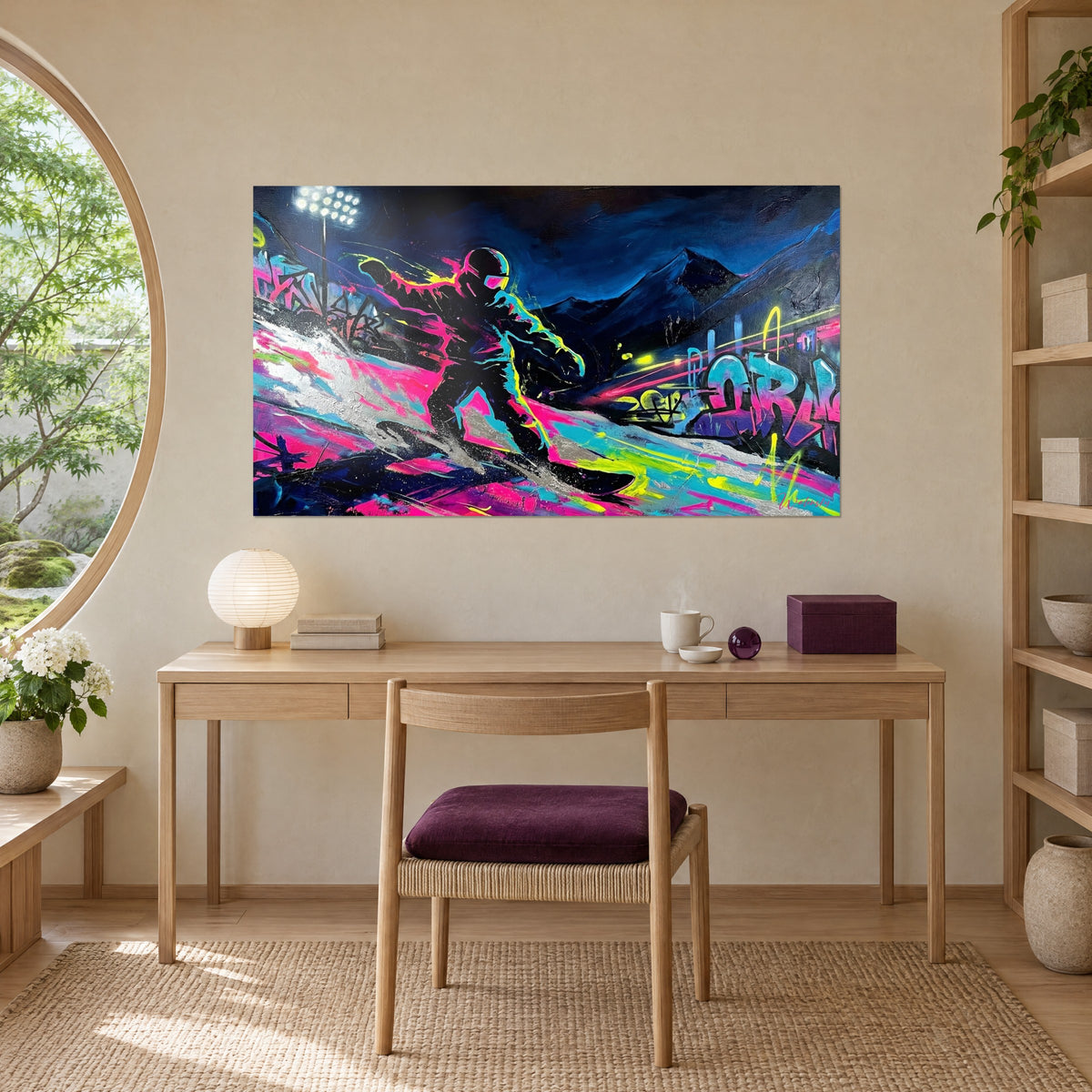 Gemälde Street Art mit Berg und Schnee, Neon-Rider mit rosa Laufspuren, indigoblauer Hintergrund, cyanfarbenes Graffiti, über einem Schreibtisch aus hellem Holz