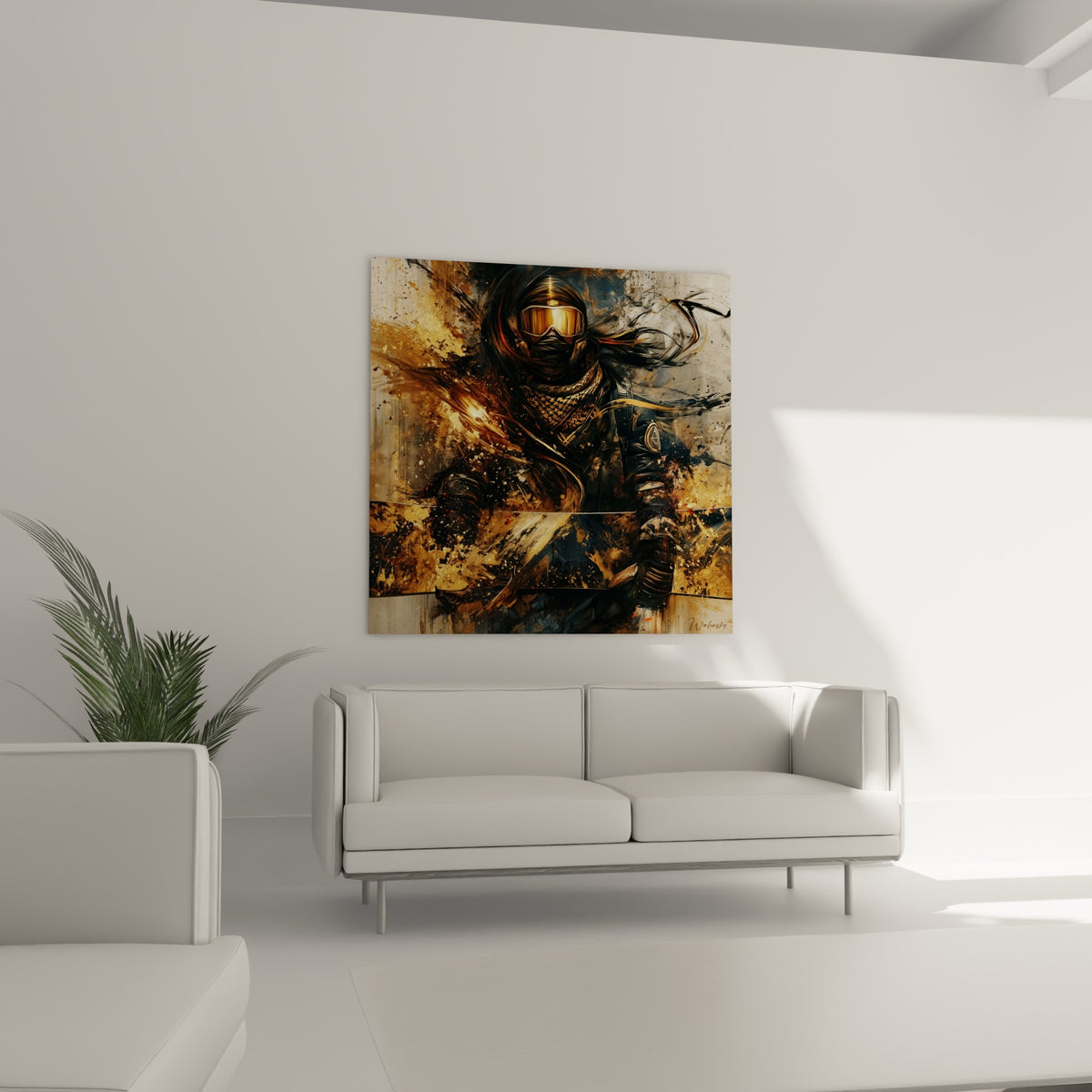 Personnage au keffieh en Snowboard doré et sombre au-dessus d'un canapé dans un salon lumineux