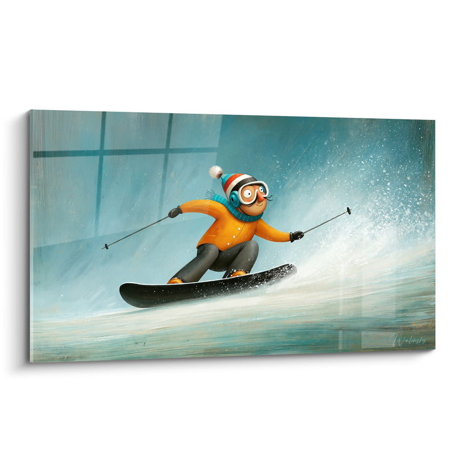 Tableau Personnage orange et bleu sur planche noire - Ivresse de la glisse - Edition Snowboard