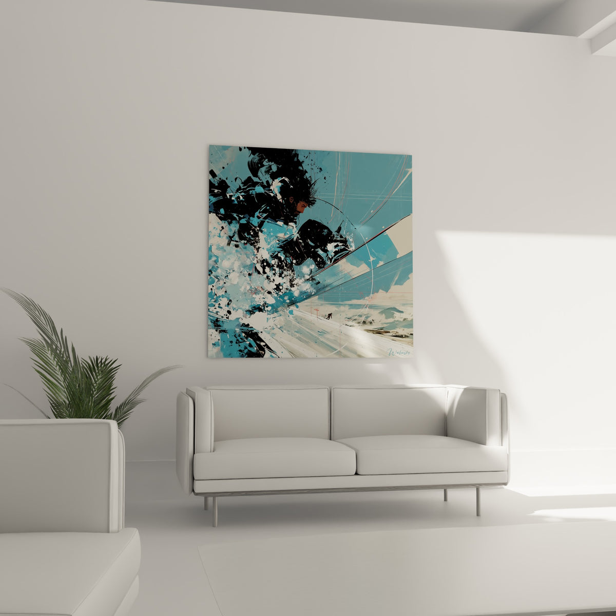 Silhouette sombre en saut sur fond bleu pétrole et blanc, tableau accroché au-dessus d'un canapé dans un salon lumineux