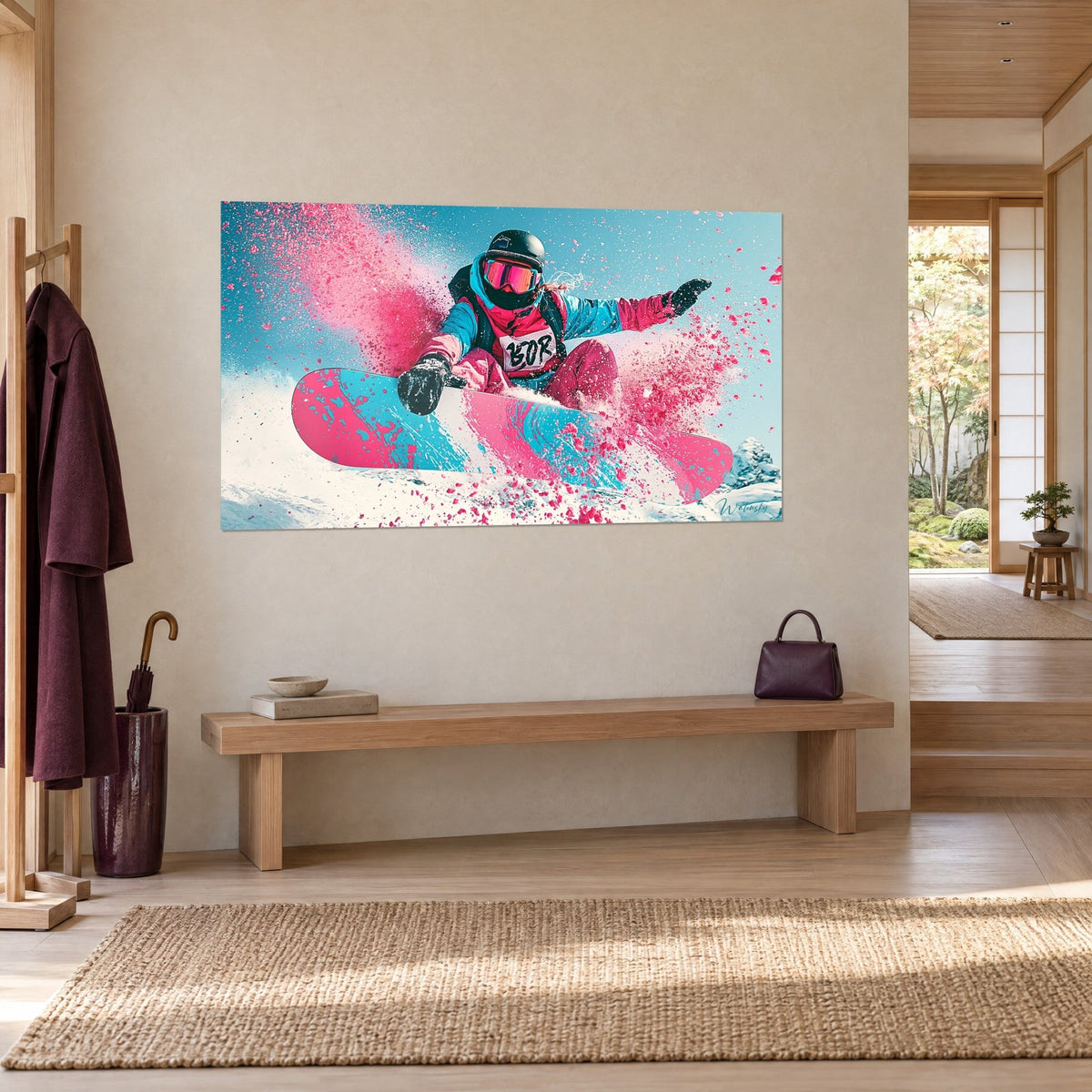 Gemälde eines behelmten Riders mitten im Sprung, rosa und türkisfarbenes Board, in Magenta aufgewirbelter Schnee, an einer beigen Wand in Dreiviertelansicht