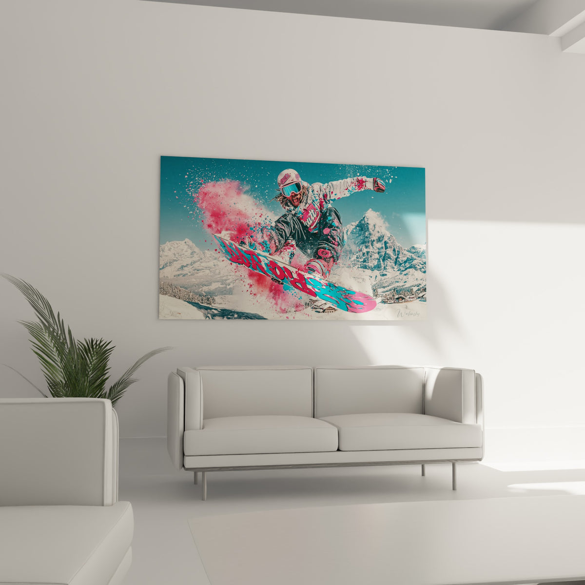 Sportif jaillissant d'un nuage rose fuchsia, casque blanc et lunettes bleues, au-dessus d'un canapé dans un salon lumineux
