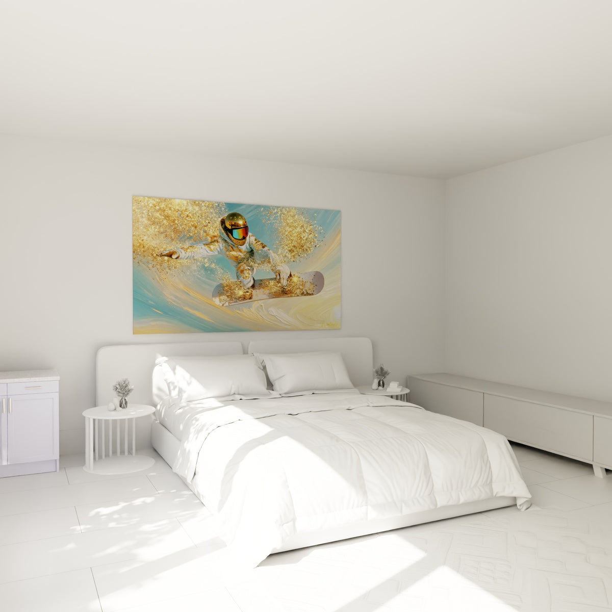 Rider en combinaison blanche et dorée sur planche crème au-dessus d'un lit dans une chambre claire