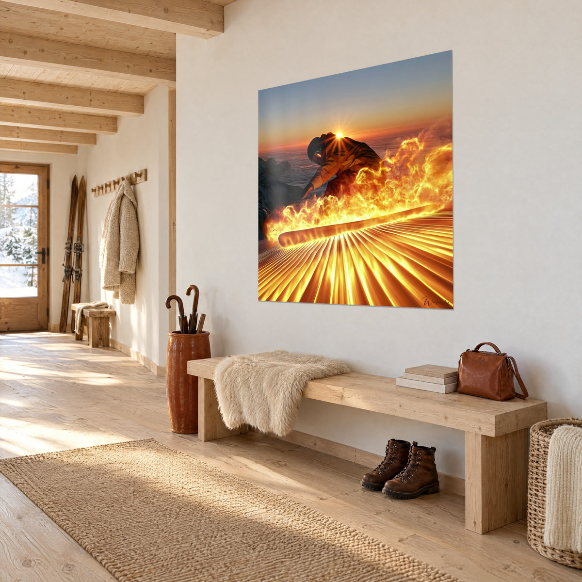Schilderij van een gloeiende rider die over zijn board gebogen staat, gele vlammen en roest tegen een oranje lucht, witte muur van een chalet-entree in driekwart zicht