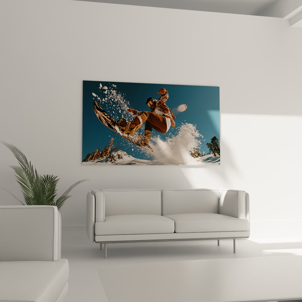 Sauteur en snowboard doré, ciel bleu intense et neige éclatante, au-dessus d'un canapé dans un salon lumineux