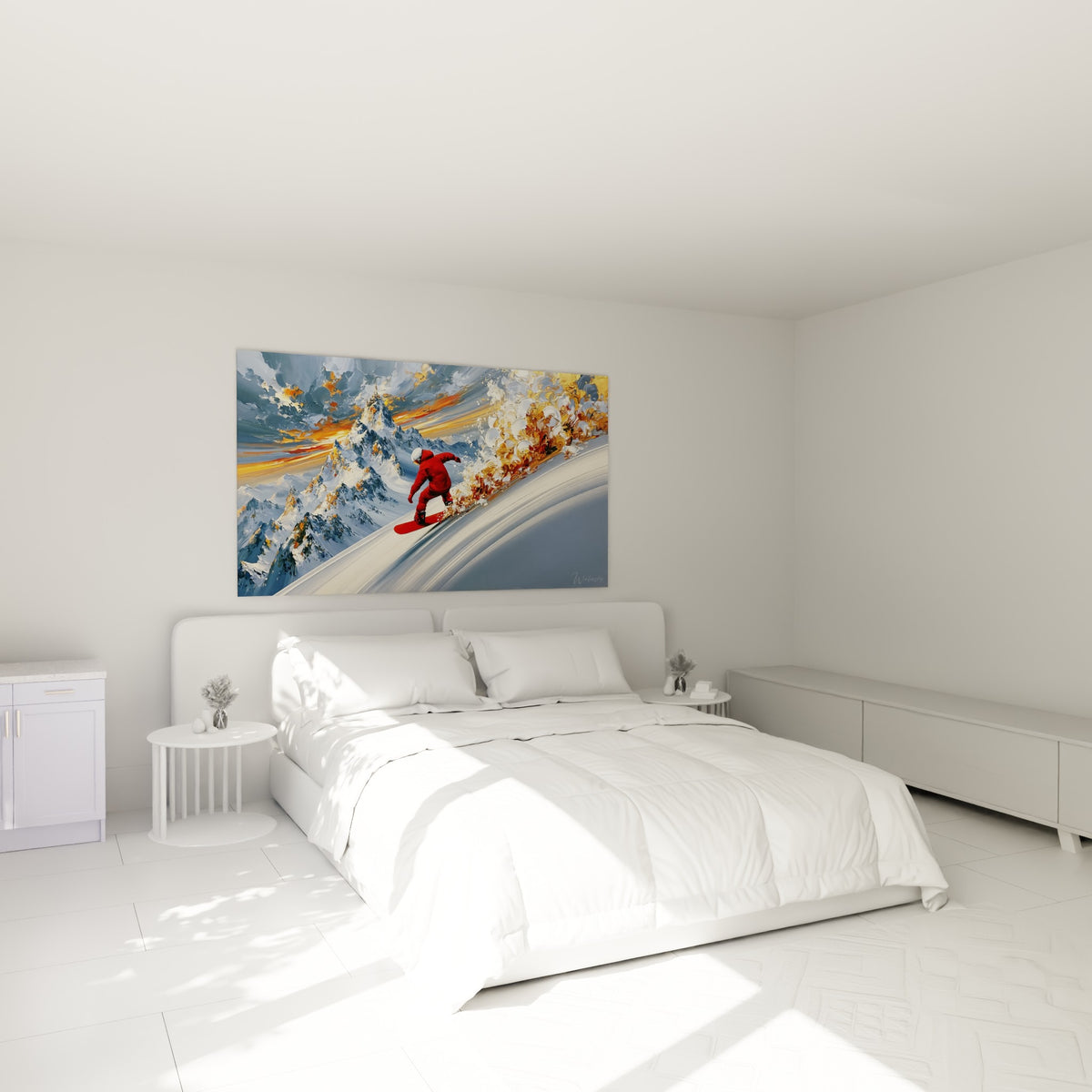 Rider rouge sur planche écarlate traversant une explosion dorée, au-dessus d'un lit dans une chambre claire