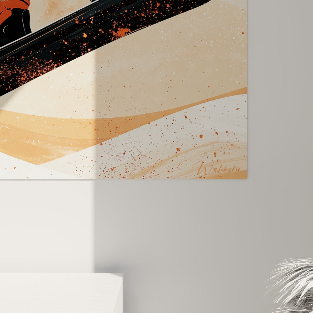 Détail de la planche noire éclaboussée d'orange rouille, grain de l'impression et coulures visibles de près