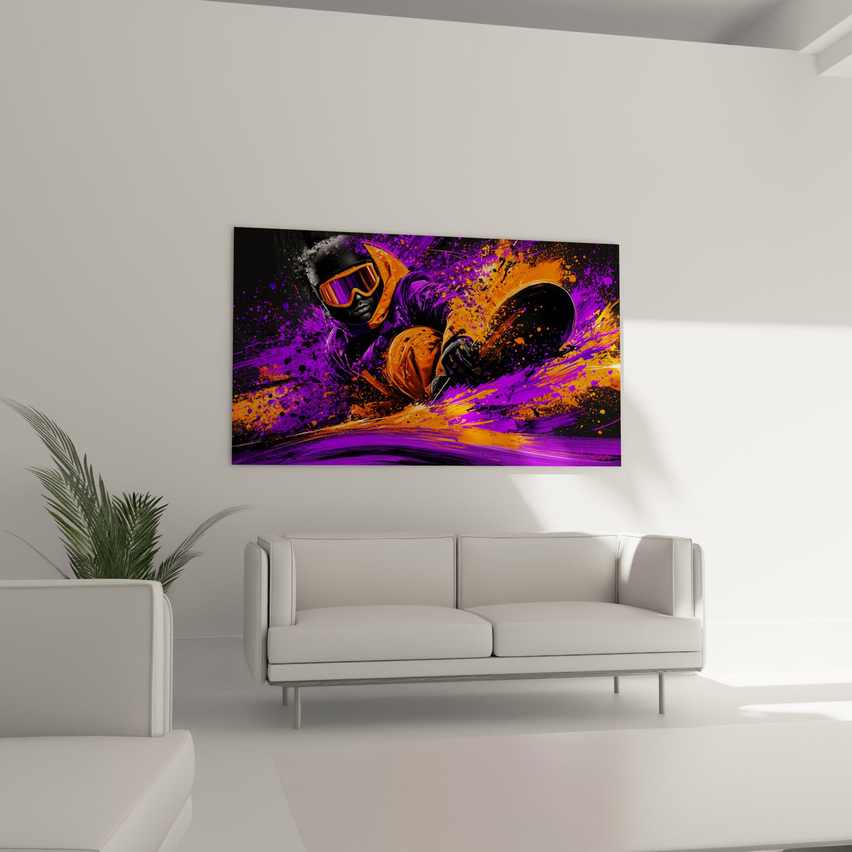 Planche inclinée sous un ciel d'éclats orange et violets, disposée au-dessus d'un canapé dans un salon lumineux
