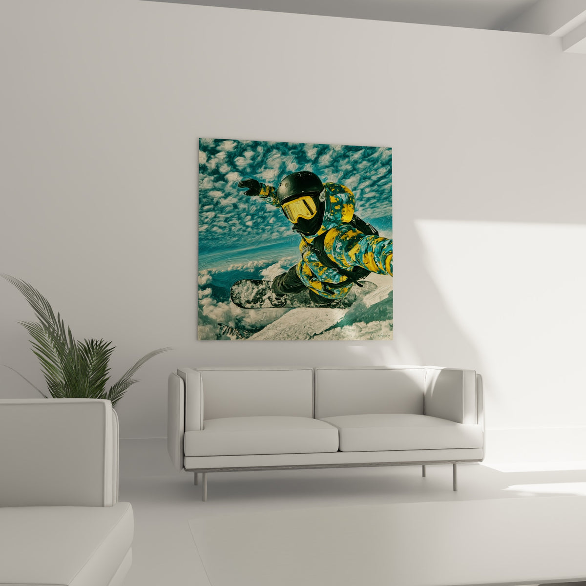 Virage figé sur planche noire, ciel bleu pétrole et neige blanche, au-dessus d'un canapé dans un salon lumineux