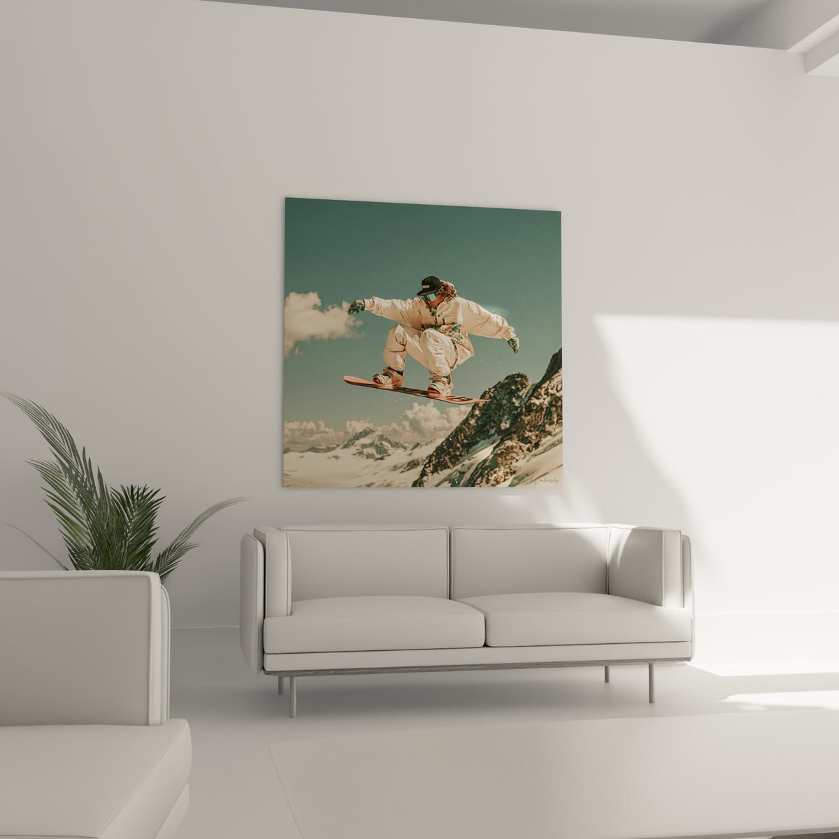 Sportif en combinaison beige au-dessus de montagnes enneigées, accroché dans un salon lumineux