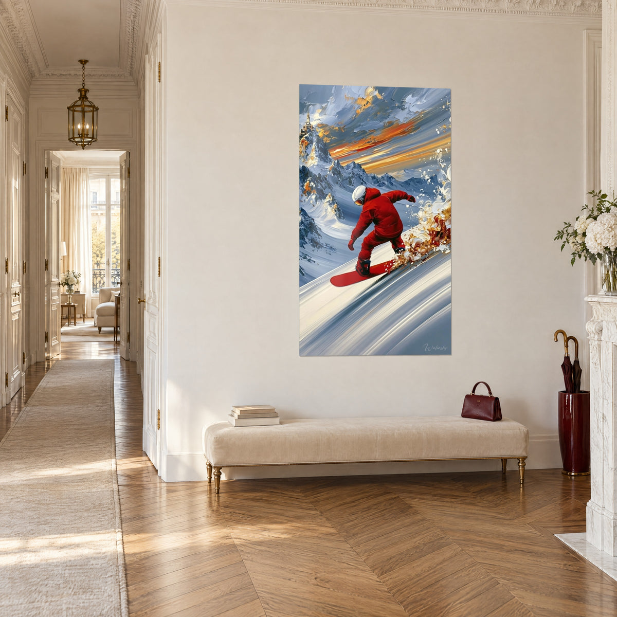 Tableau glisseur casqué blanc sur planche écarlate, crêtes bleu acier et ciel ambré, mur crème d'un couloir haussmannien