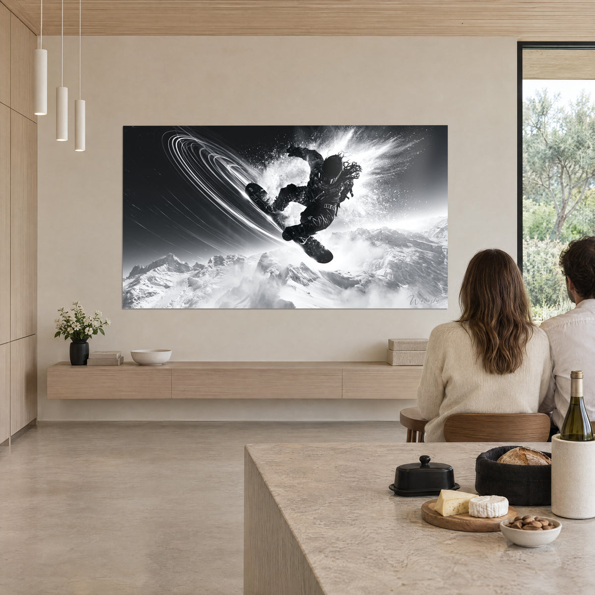 Tableau snowboard acrobatique, silhouette noire sur nuage de poudre blanche et traînées lumineuses, vu depuis un îlot de cuisine